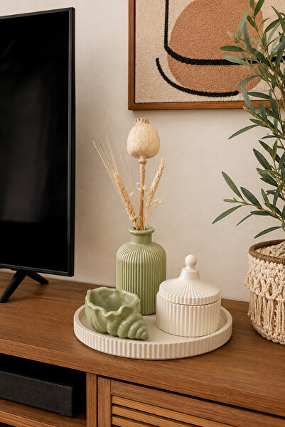 Zigzag Home Decorative Bohemian Style 4-Piece Vase Set Striped Tray Pampas Va...