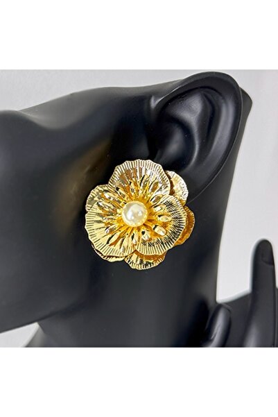 velve Cercei dama, aspect floral cu perla, Auriu