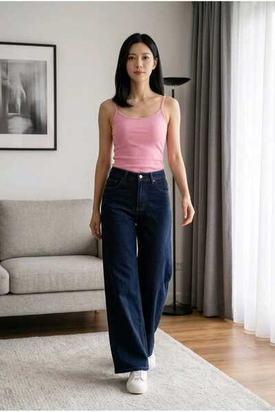 they11 Women's Wide Leg High Waist Lycra Denim Dark Navy Blue Jeans