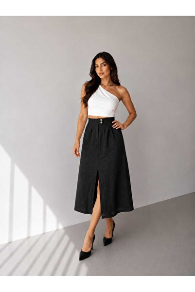 SSO Linen Skirt with Pockets, Front Slit Detail, Double Buttons
