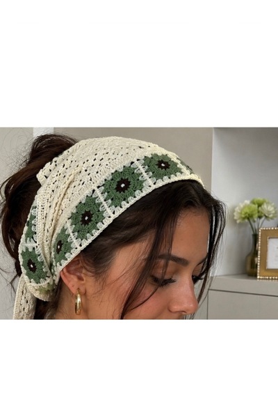 MODA Bohemian Bandana Women's Hair Band Floral Motif Crochet Look Green Summe...