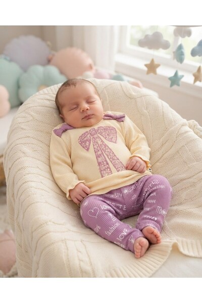 VOY KİDS 100% Cotton 0-3-6-9-12 Months Baby Girl Bowknot Thin Seasonal 2-Piec...