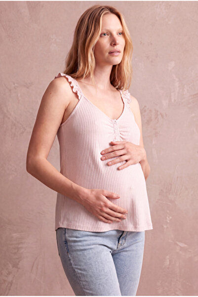 WESTMARK LONDON Maternity Sand Beige Twill Viscose Blended Crew Neck Sleevele...