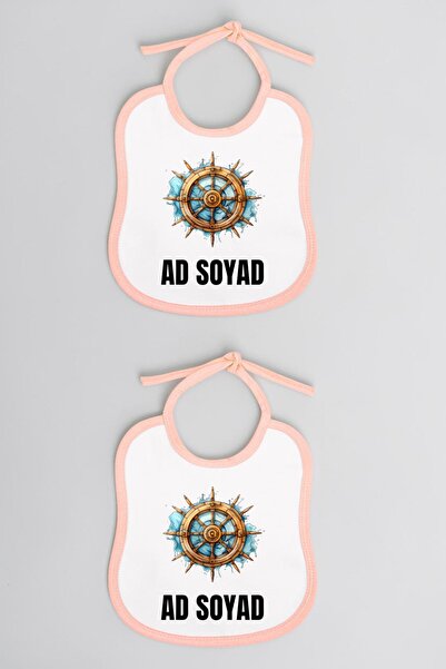 lili hediyelik Ship's Helm Printed 2-Piece Linen Pink Baby Bib - Baby Bib Mod...