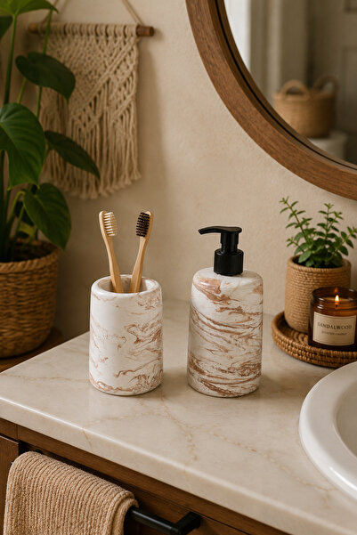 Zigzag Home Dekoratif Mermer Desen Bohem Tarz Banyo Seti Sıvı Sabunluk ve Diş Fırçalık Takımı Seti