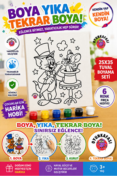 OYUNKAFASI 25x35 cm Tom ve Jery Tuval Boyama Seti | 6'lı Akrilik Boya + 1 Fır...