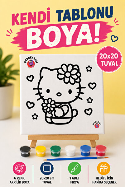 OYUNKAFASI 20x20 cm Hello Kity-Tuval Boyama Seti | 6'lı Akrilik Boya + 1 Fırç...