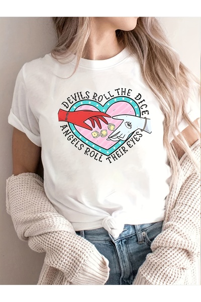 01THEONE Devils The Dice Angels Roll Their Eyes Fun Letter Pattern Print T-Sh...