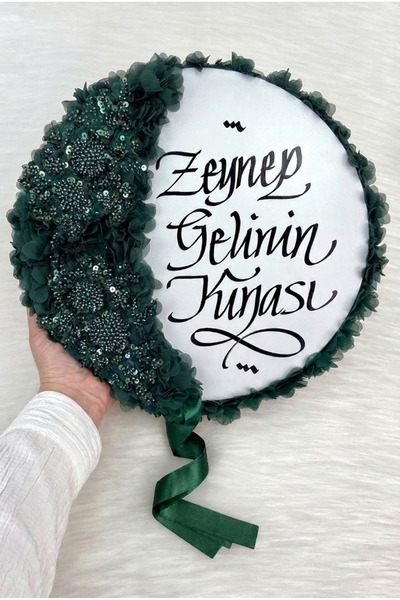 ZEYMERADE Zümrüt Yeşili Gelin Tefi 32cm, Kaligrafi Ve Vip Aplik Süslemeli, Dü...