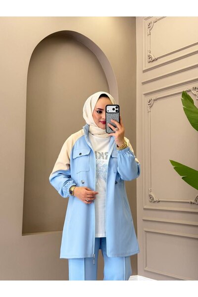 moda4b طقم حجاب نسائي من 3 قطع من قماش دابيل - مزيج يومي مع سترة بسحاب وبنطلو...