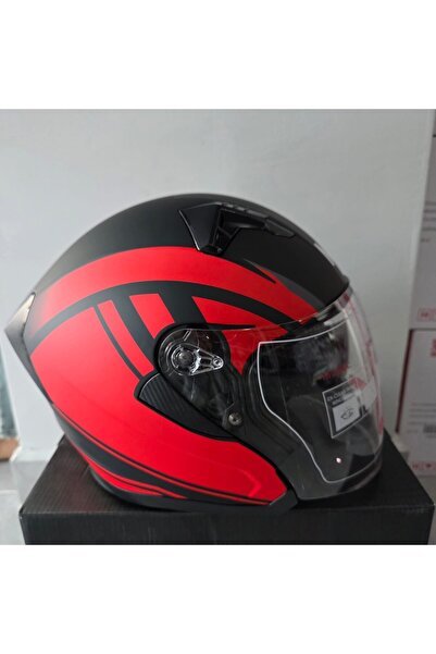 mge ÇENESİZ KASK JK528-1 VİZÖRLÜ MAT SİYAH KIRMIZI L