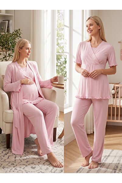 Lohusa Homewear طقم بيجامة من القطن بنسبة 100% بأكمام قصيرة وياقة مزدوجة الصد...