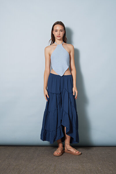 Nisan Cotton Asymmetrical Cut Layered Midi Skirt Indigo