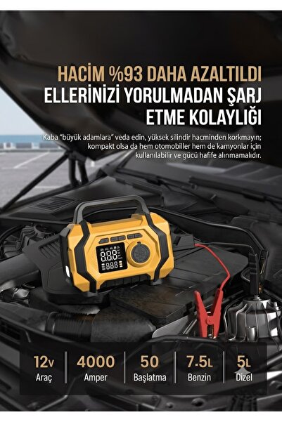 BEKAZE 4000A 35000mAh Hava Kompresörlü Araç Akü Takviye Cihazı Powerbank Kablosuz Lastik Şişirme Pompası Dijital Type-C Hızlı Şarjlı Acil Durum Led Fenerli