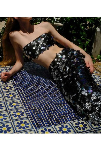 diğer0101 Sırena Top in Flırty Fleurs Bustier-Skirt Set, Sequined Bustier-Crop Top Long Skirt, Black Sequined Evening Dress