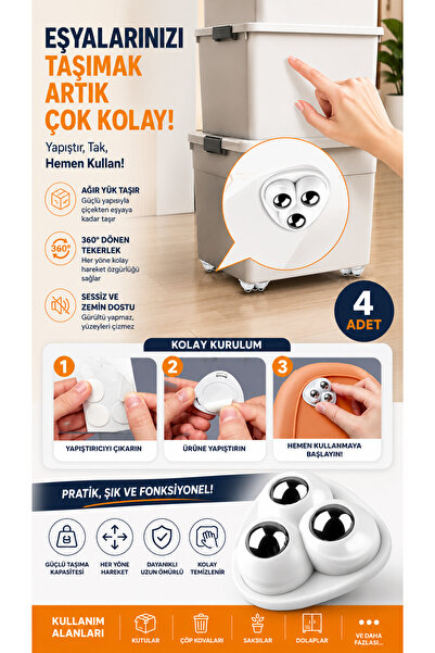 Seram Collection 4 Adet 360 Derece Döner Çelik Bilye Tekerlekli Eşya Yük Taşı...