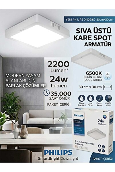 Philips DN058C 24W 2200Lümen 6500k Beyaz Işık 30cmx30cm Sıva Üstü Kare Spot