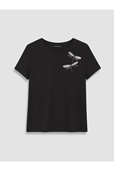 LC Waikiki Black Sequin Embroidered Soft Touch Women's T-Shirt