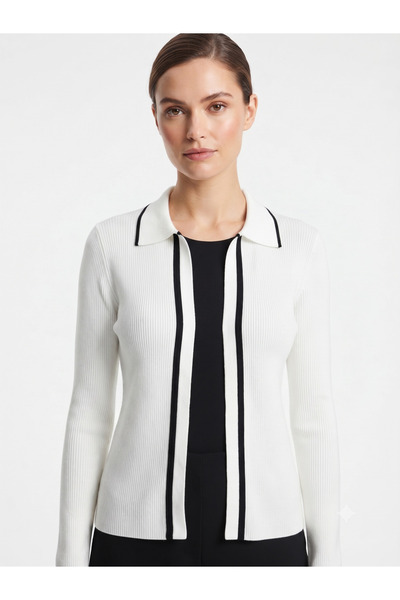 Neden Tekstil Women's White Black Stripe Detailed Knitwear Cardigan