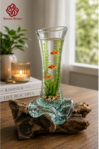 Generic Turquoise Green Colored Glass Lean Vase on Teak Wood