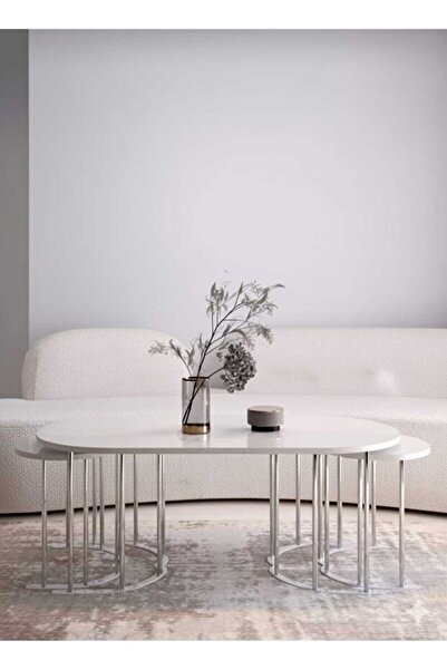 Zigon OVAL 2+1 YAVRULU GÜMÜŞ METAL BEYAZ TABLA ORTA SEHPA SEHPA YAN SEHPA