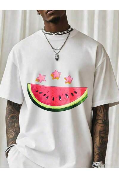 NOURAM Watermelon Slice With Stars Graphic T-Shirt Men's Casual Summer Top Bl...