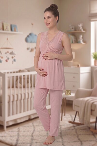 Lohusa Dünyasi Women's Powder Lace 2-Piece New Season Maternity Pajama Set
