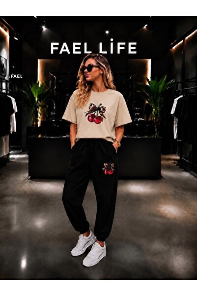 FAEL LİFE Unisex Wide-Let T-Shirt and Sweatpants Set with Cherry Ribbon Print