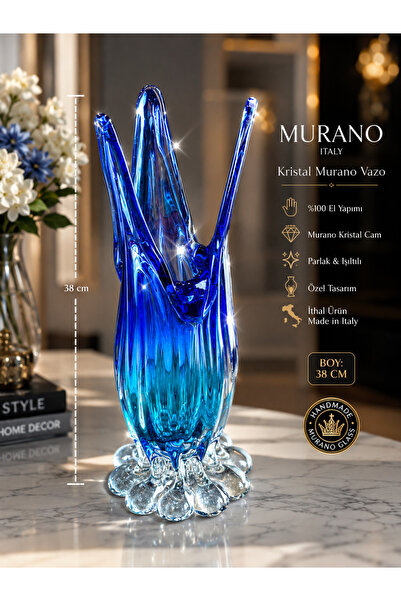 Atak Hediyelik Italian Murano Crystal Glass Vase 38 cm – Handmade Blue Turquo...