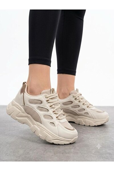 Lütfi Women's Beige Sneaker Thick Sole Ultra Light Orthopedic Sole Walking Shoes