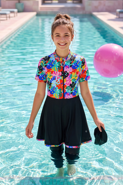 Haliç Mayo Young Girl's Short Sleeve Semi-Closed Hijab Swimsuit 6649 Black04