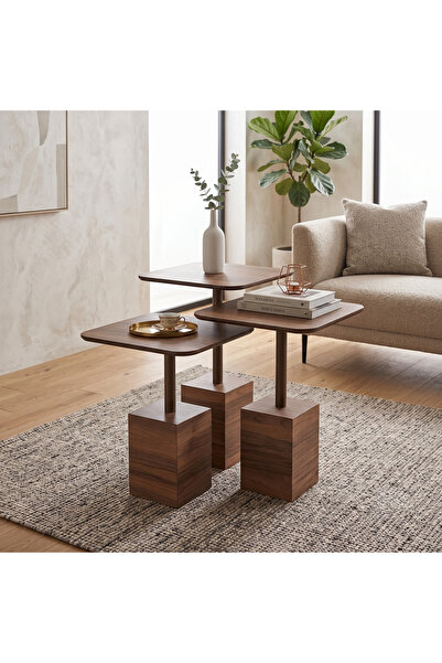 Her Dizayn Aksesuar Modern Zigon Sehpa Trio Servis Sehpası Ceviz %100 MDF