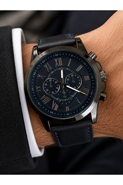 Weluxa Men's Wristwatch Black Color Case Navy Blue Leather Strap Casual & Cla...