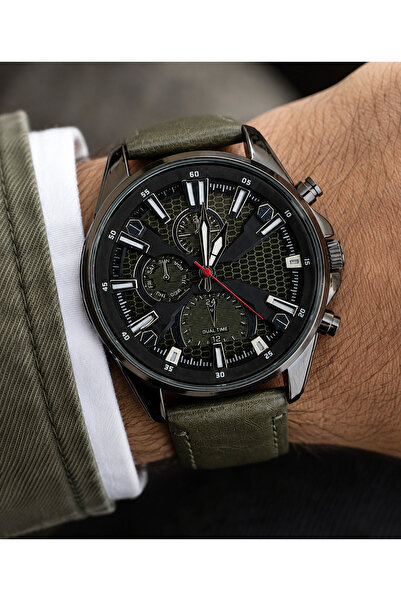 Weluxa Men's Wristwatch Black Color Case Khaki Leather Strap Casual & Classic...