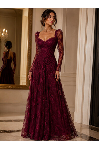 Adel Center Women's Burgundy Long Lace Evening Dress Square Collar Long Sleev...