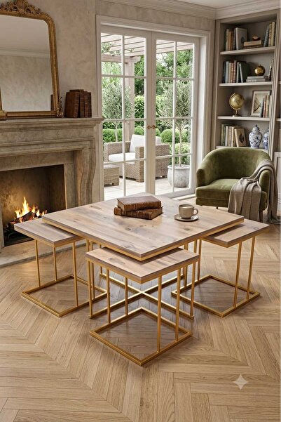 Zigon RİO 5Lİ SET 4+1 pizza 5li set ORTA SEHPA GOLD ÇAM