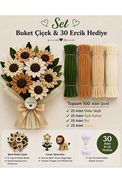 hyc heryerçiçeklenir Şönil Çiçek Yapım Seti 100 Adet (Ordu Yeşil,Açık Kahve,B...
