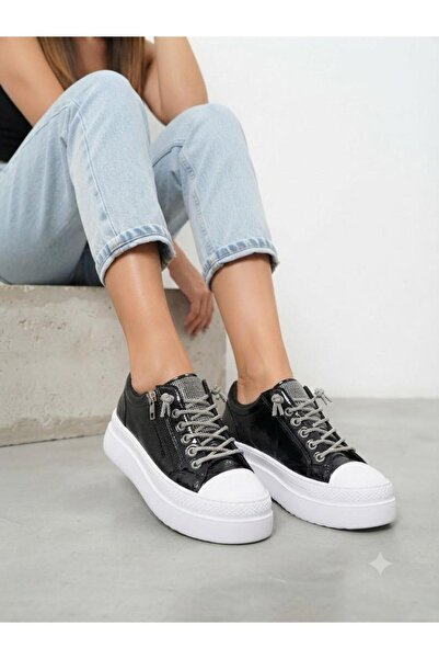 Lütfi Women's black trend sneaker with stone detail, orthopedic soft sole wal...