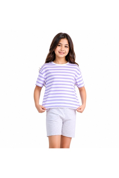 PALM PEANUTS Girls 2 Piece Summer Outfit Set – Lavender Striped Oversized T-S...