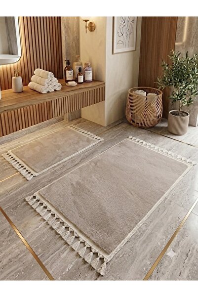 DECORA CASA HOME COLLECTİON 2-Piece Tasseled Bath Mat Set 60X110/60X50 Non-Sl...