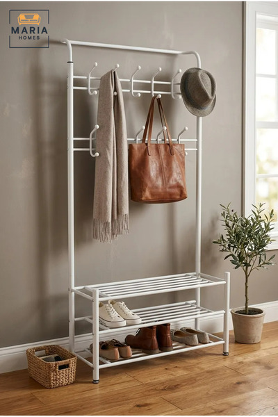 MARIA HOMES Freestanding Clothes Rack with Multiple Hanging Hooks and Three S...
