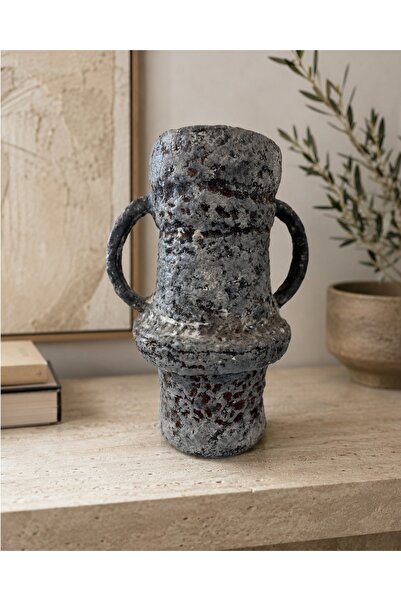 MAHLVGA El Yapımı Dekoratif Vazo | Antik Amphora | Mavi Gri | Kulplu | 40 cm