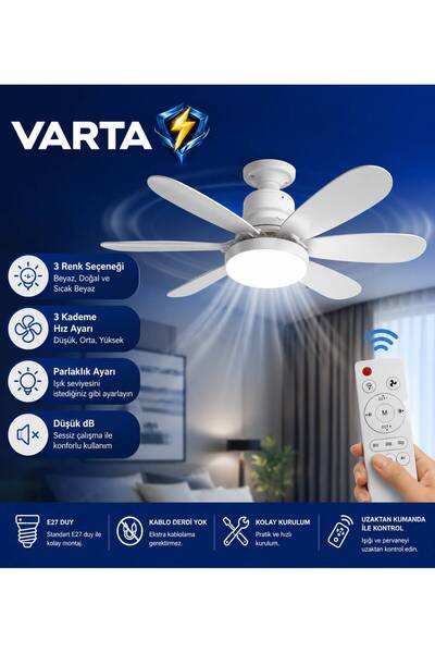 Varta Pervane ampul tavan Vantilatör sessiz çalışma 6 fan kanat ve ışıklı uza...