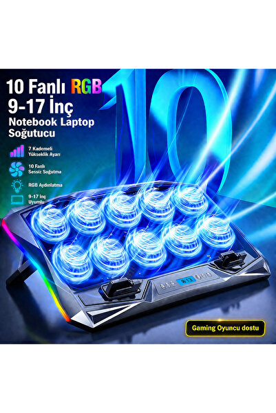 GreaTech RGB Işıklı 10 Fanlı LCD Ekranlı Notebook Laptop Soğutucu Yükseklik A...
