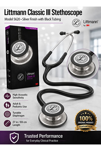 3M Littmann Classic III Monitoring Stethoscope Model 5620 Silver-Finish Dual-...