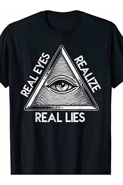 01THEONE تي شيرت رجالي بتصميم العينين يحمل عنوان "Realize Real Lies" باللون ا...