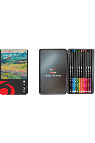 Herlitz Creioane colorate corp negru, mina 4mm, set 12 culori, cutie metalica,