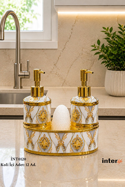 İnterlife 2-Piece Liquid Soap Dispenser Set with Sponge Holder, Porcelain Soa...