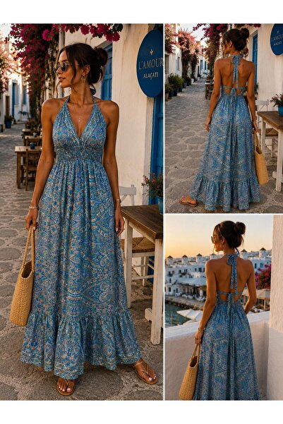 shop Kadın Turkuaz Şal Desenli %80 İpek Sırt Dekolteli Askılı Uzun Maxi Yazlı...