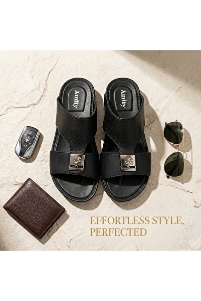 Lucky Steps Men's Premium PU Leather Slide Sandals Metal Horse Buckle Texture...